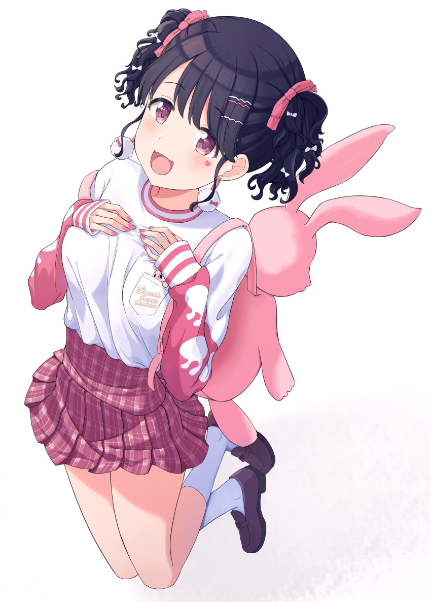 1girl absurdres animal_bag astire43 backpack bag black_hair bunny_bag commentary_request earrings fangs fukumaru_koito full_body hair_ribbon hands_on_own_breasts highres idolmaster idolmaster_shiny_colors jewelry loafers looking_at_viewer miniskirt nail_polish open_mouth pink_nails pink_ribbon pink_skirt plaid plaid_skirt pleated_skirt ribbon shirt shoes skin_fangs skirt sleeves_past_wrists socks solo texture twintails violet_eyes white_background white_legwear white_shirt