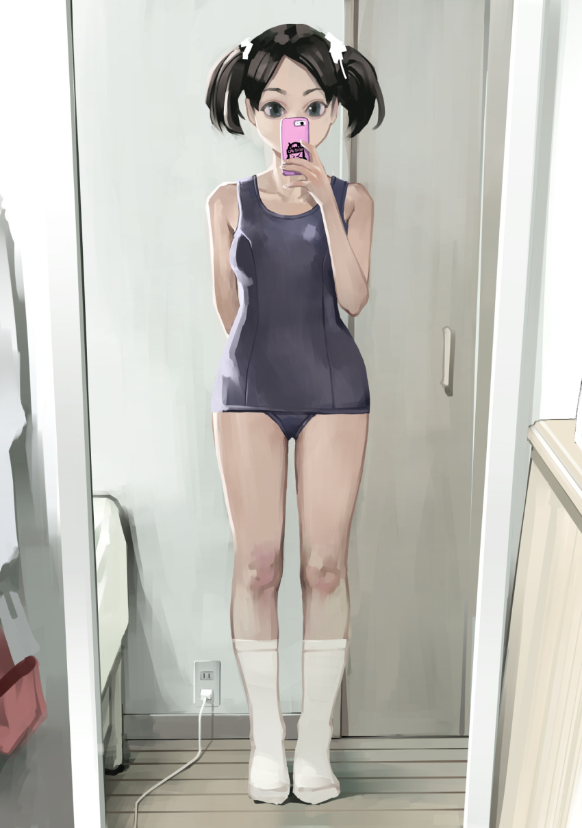1girl arm_behind_back black_hair blue_eyes blue_swimsuit bow breasts cellphone full_body hair_bow hand_up highres holding holding_phone inamitsu_shinji indoors looking_at_phone mirror no_shoes one-piece_swimsuit original outlet phone plug reward_available school_swimsuit selfie short_hair small_breasts smartphone solo standing swimsuit twintails white_bow white_legwear