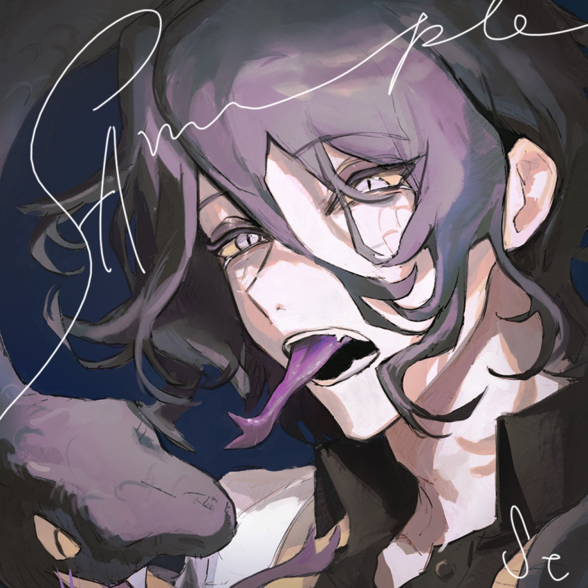 1boy bangs black_hair black_shirt collared_shirt colored_tongue commentary_request fangs forked_tongue male_focus open_mouth original orniflop portrait purple_tongue revision sample_watermark shirt short_hair slit_pupils smoke snake solo tongue tongue_out violet_eyes watermark