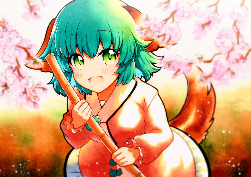 1girl :d animal_ears bamboo_broom bangs blurry blush broom cherry_blossoms day depth_of_field eyebrows_visible_through_hair green_eyes green_hair happy highres holding holding_broom kasodani_kyouko long_sleeves open_mouth outdoors overexposure puffy_long_sleeves puffy_sleeves qqqrinkappp smile solo tail touhou