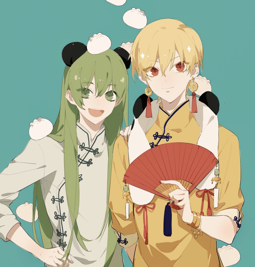 1boy 1other alternate_costume ambiguous_gender androgynous bangs blonde_hair blue_background changpao chinese_clothes e_(h798602056) earrings enkidu_(fate) fate/grand_order fate/strange_fake fate_(series) gilgamesh_(fate) green_eyes green_hair highres jewelry long_hair long_sleeves looking_at_viewer short_hair simple_background very_long_hair