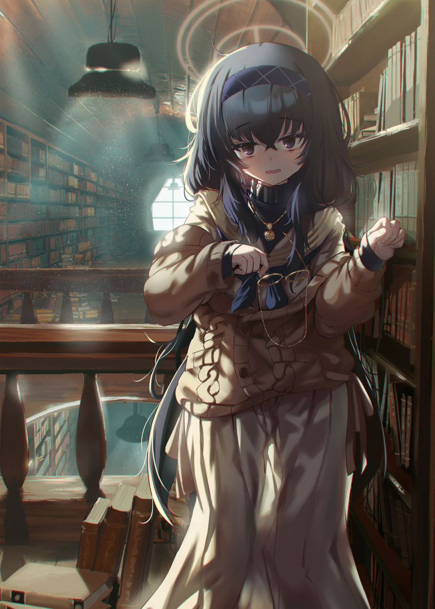 1girl bangs black_hair blue_archive blush book bookshelf eyebrows_visible_through_hair glasses hair_between_eyes hairband hands_up highres holding indoors library long_hair long_skirt long_sleeves looking_at_viewer open_mouth sailor_collar shuru_y skirt solo standing ui_(blue_archive) very_long_hair violet_eyes window