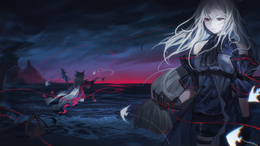 2girls absurdly_long_hair absurdres aqua_headwear arknights ascot bare_shoulders beach black_ascot black_gloves cliff clothing_cutout clouds cloudy_sky dark_sky dress dual_persona elite_ii_(arknights) fish gloves grey_hair harp highres holding holding_ribbon holding_staff instrument long_hair low_ponytail low_twintails mayf42 multiple_girls night ocean official_alternate_costume outdoors red_dress red_eyes red_ribbon red_sky ribbon rock scenery skadi_(arknights) skadi_the_corrupting_heart_(arknights) sky staff standing thigh_cutout twintails very_long_hair wading water waves