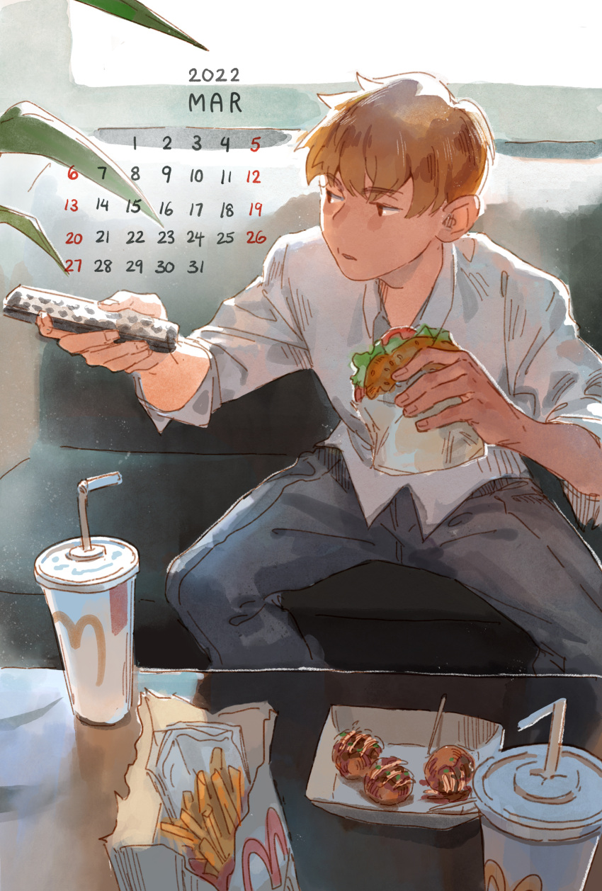 1boy absurdres bangs black_pants blonde_hair brown_eyes burger calendar_(medium) commentary controller couch cup disposable_cup food french_fries helenpeanut highres holding holding_food holding_remote_control long_sleeves looking_to_the_side male_focus mcdonald's mob_psycho_100 pants reigen_arataka remote_control shirt sitting solo symbol-only_commentary takoyaki toothpick white_shirt