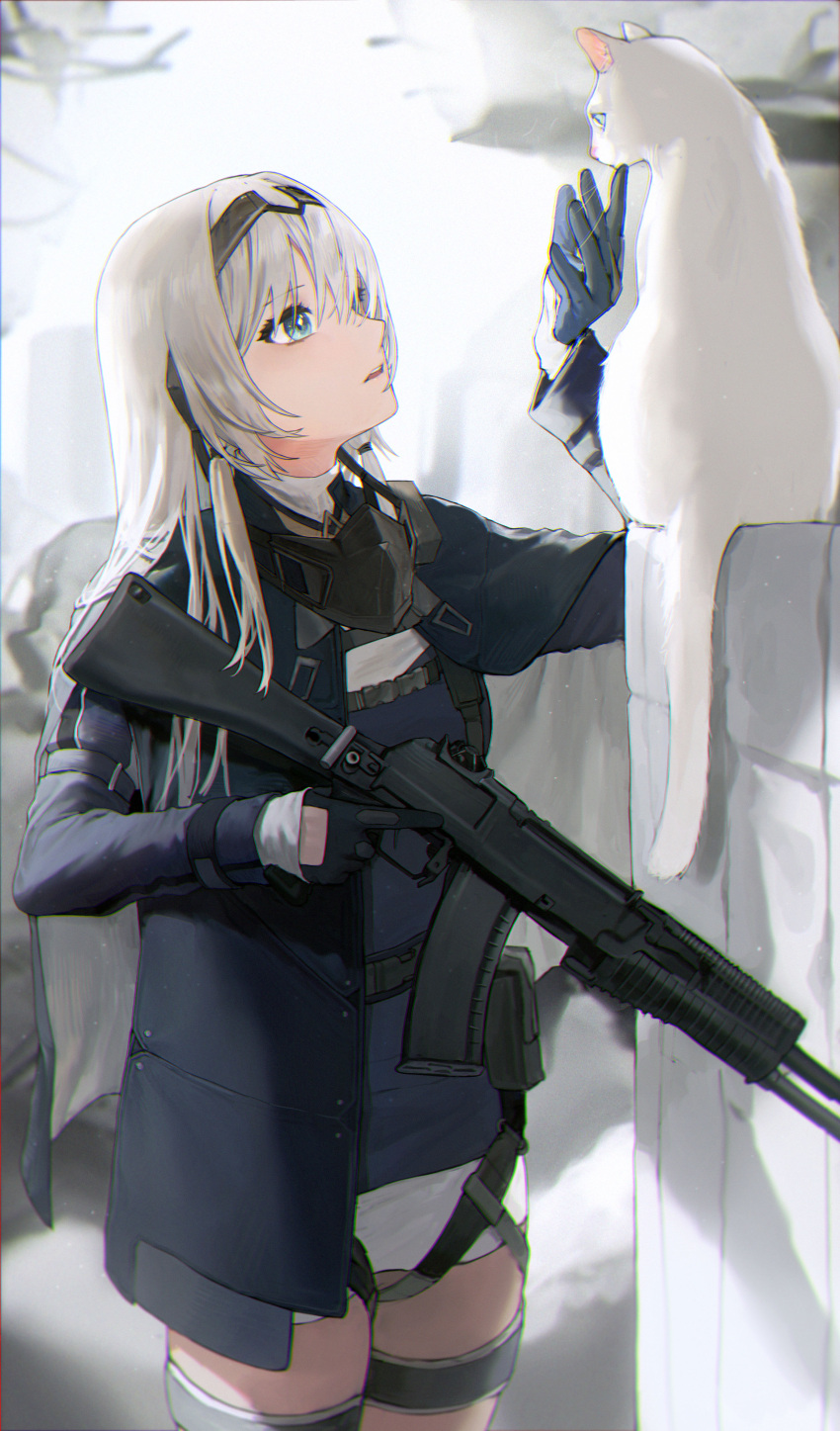 1girl absurdres an-94 an-94_(girls'_frontline) aqua_eyes assault_rifle black_gloves cat cowboy_shot girls_frontline gloves gun hairband highres holding holding_gun holding_weapon kalashnikov_rifle kir_(khw66136132) long_hair long_sleeves magazine_(weapon) platinum_blonde_hair rifle solo standing tactical_clothes thigh_strap trigger_discipline weapon