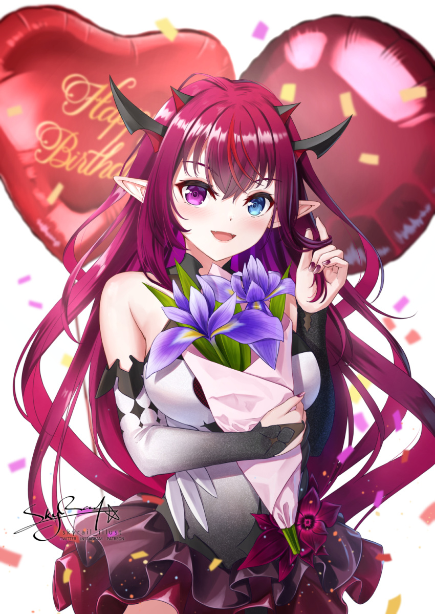 1girl :d balloon bangs bare_shoulders blue_eyes blurry blurry_background bouquet breasts bridal_gauntlets commentary confetti depth_of_field dress english_commentary eyebrows_visible_through_hair flower hair_between_eyes hand_up happy_birthday heart_balloon heterochromia highres hololive hololive_english horns irys_(hololive) looking_at_viewer medium_breasts multicolored_hair nail_polish object_hug pointy_ears purple_flower purple_hair purple_nails redhead signature simple_background skyrail sleeveless sleeveless_dress smile solo streaked_hair violet_eyes virtual_youtuber white_background white_dress