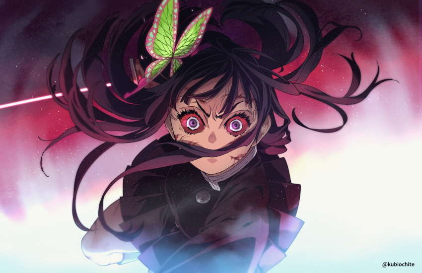 1girl aiming_at_viewer angry bangs black_hair black_skirt blood blood_on_face breasts butterfly_hair_ornament charging_forward colored_sclera covered_mouth cuts dalc_rose floating_hair furrowed_brow hair_ornament hair_over_mouth highres holding holding_sword holding_weapon injury kimetsu_no_yaiba kneehighs long_hair long_sleeves looking_at_viewer messy_hair pleated_skirt red_sclera side_ponytail skirt skirt_set solo spoilers sword tsuyuri_kanao veins violet_eyes weapon