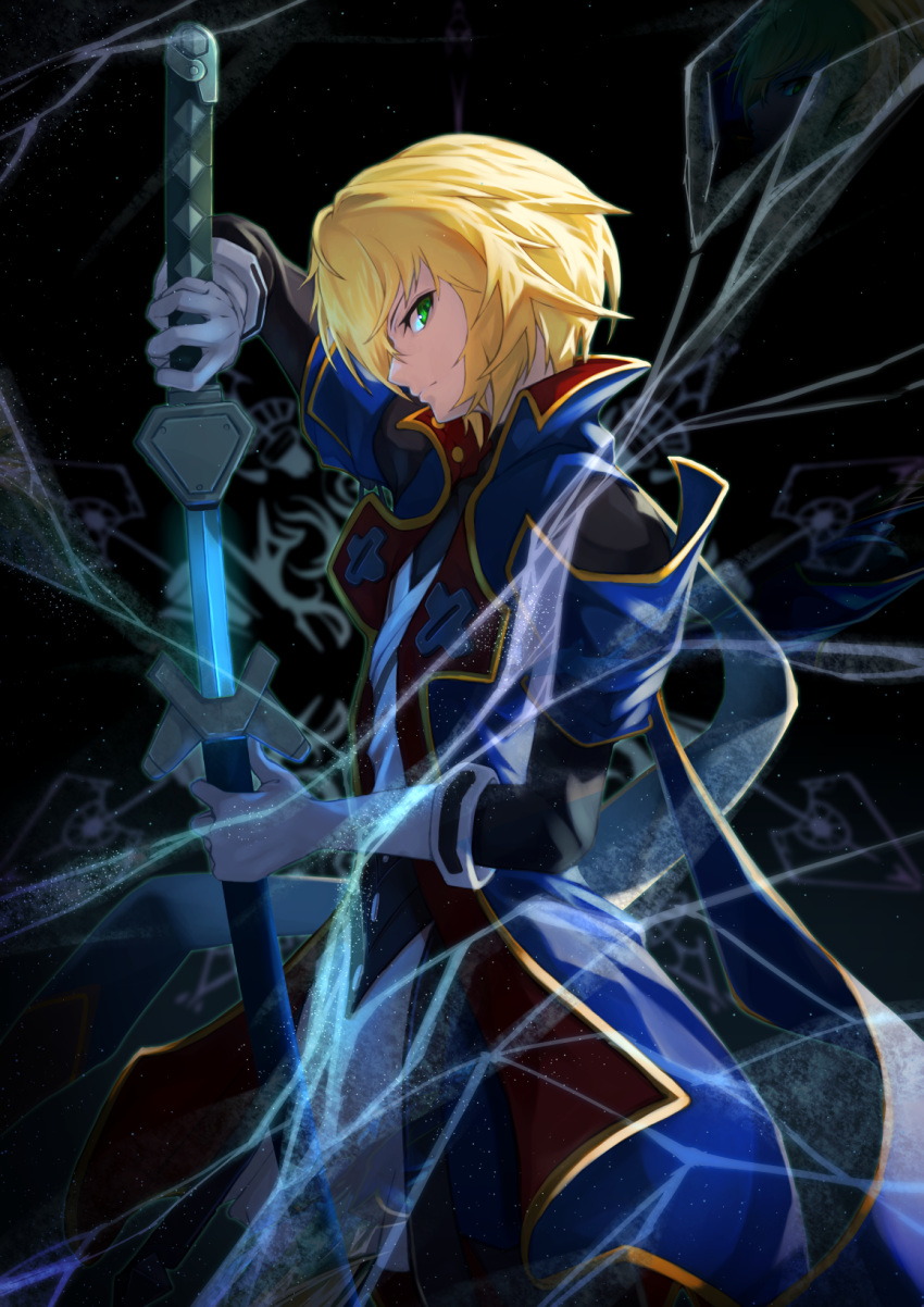 1boy blazblue blonde_hair coat dougi gloves green_eyes highres holding holding_weapon ice jacket jin_kisaragi katana looking_at_viewer looking_to_the_side male_focus military military_uniform night night_sky online_neet serious sheath short_hair sky solo star_(sky) starry_sky sword uniform unsheathing weapon white_gloves