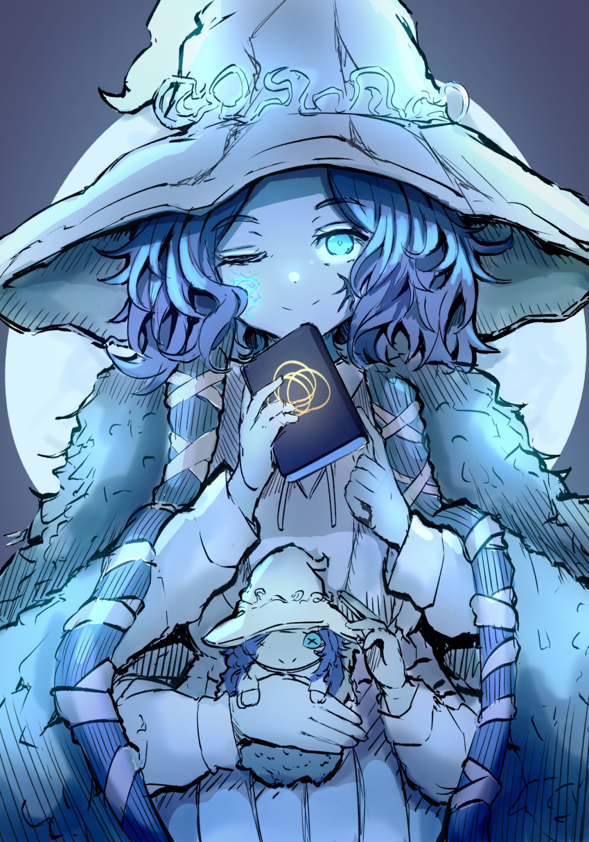 1girl absurdres blue_eyes blue_skin book colored_skin crack cracked_skin doll dress elden_ring extra_arms fur_coat hat highres long_hair looking_at_viewer moon night night_sky one_eye_closed ranni_the_witch sae_art sky smile solo wavy_hair