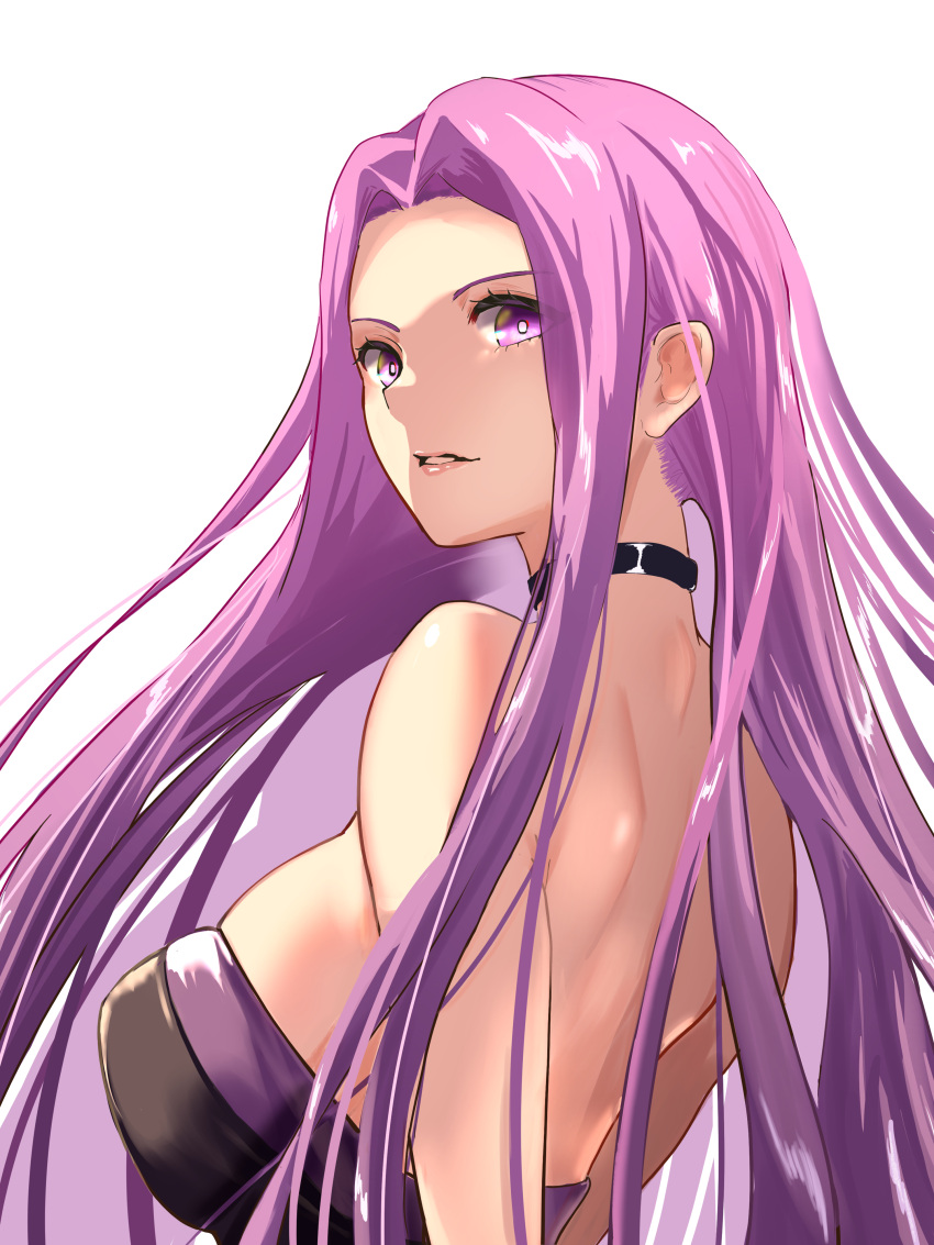 1girl absurdres back bangs bare_shoulders black_dress breasts choker dress fate/stay_night fate_(series) forehead highres large_breasts long_hair looking_at_viewer looking_back medusa_(fate) medusa_(rider)_(fate) parted_bangs purple_hair sidelocks takehana_note very_long_hair violet_eyes