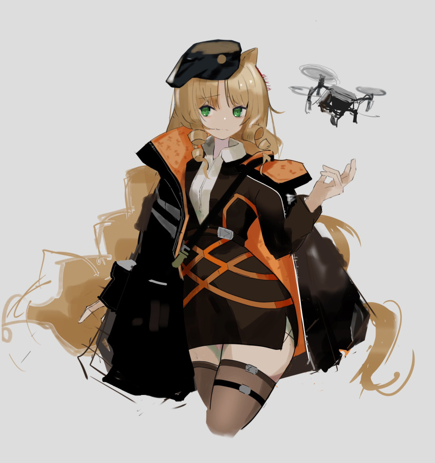 1girl animal_ears arknights beret black_jacket black_legwear black_shirt blonde_hair collared_shirt cowboy_shot cropped_legs drill_hair drill_locks drone earpiece enne_kl eyebrows_visible_through_hair green_eyes grey_background hand_up hat highres jacket long_hair open_clothes open_jacket shirt sidelocks simple_background sketch solo swire_(arknights) thigh-highs thigh_strap tiger_ears undershirt white_shirt