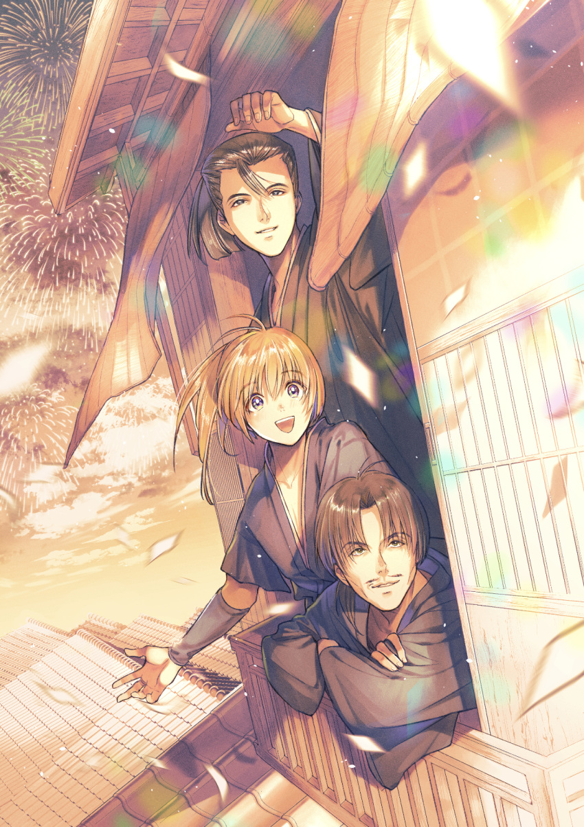 3boys :d aerial_fireworks architecture arm_guards arm_rest bangs black_hair blunt_ends confetti crossed_arms curtains dutch_angle east_asian_architecture facial_hair fireworks floating_hair from_outside from_side hair_between_eyes hair_pulled_back hand_up happy high_ponytail highres himura_kenshin iizuka_(rurouni_kenshin) japanese_clothes katsura_kogorou kimono long_hair long_sleeves looking_afar looking_away looking_to_the_side male_focus motion_blur multiple_boys mustache natsu_mikan_(level9) open_mouth orange_hair outstretched_arm parted_lips ponytail rooftop rurouni_kenshin shading_eyes short_sleeves smile smirk through_window violet_eyes wind window