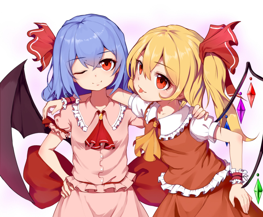 2girls arm_up ascot back_bow bangs bat_wings belt black_ribbon blonde_hair blue_hair blush bow breasts buttons closed_mouth collarbone collared_dress collared_shirt commentary_request crystal dress eyebrows_visible_through_hair eyelashes fang flandre_scarlet frills gem gradient gradient_background hair_between_eyes hair_ribbon hand_on_another's_shoulder hand_on_hip hand_up jewelry large_bow medium_breasts multicolored_wings multiple_girls no_hat no_headwear one_eye_closed one_side_up pink_dress puffy_short_sleeves puffy_sleeves purple_background red_ascot red_belt red_bow red_dress red_eyes red_ribbon remilia_scarlet ribbon shirt short_hair short_sleeves siblings sisters smile snozaki standing tongue tongue_out touhou white_background white_shirt wings wrist_cuffs yellow_ascot