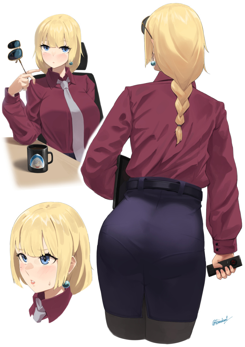 1girl alternate_costume back bangs belt black_belt black_legwear blonde_hair blue_eyes blue_skirt blush braid braided_ponytail breasts closed_mouth cropped_legs cup earrings eyebrows_visible_through_hair eyewear_on_head girls_frontline highres holding holding_eyewear jewelry kion-kun lips long_hair looking_at_viewer looking_away medium_breasts nail_polish necktie office_lady open_mouth pantyhose pencil_skirt pink_nails ponytail red_shirt shirt sitting skirt solo standing table twitter_username vhs_(girls'_frontline) white_background white_necktie