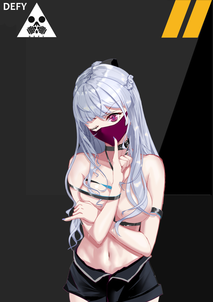 1girl absurdres ak-12_(girls'_frontline) alternate_costume bangs bare_shoulders black_choker black_shorts breasts choker collarbone covered_nipples crossed_arms defy_(girls'_frontline) eyebrows_visible_through_hair feet_out_of_frame finger_to_mouth girls_frontline highres juno-pn6221 long_hair looking_at_viewer medium_breasts nail_polish navel no_bra one_eye_closed ponytail purple_mask purple_nails shorts silver_hair simple_background solo standing violet_eyes