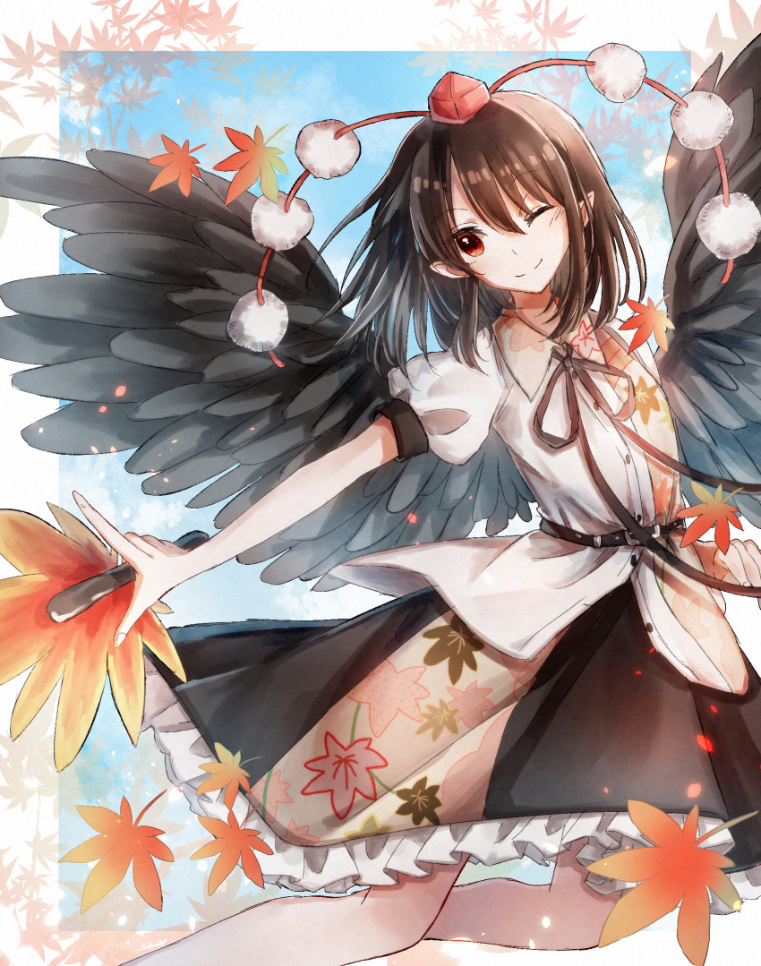 1girl autumn_leaves belt bird_wings black_belt black_ribbon black_skirt black_wings border brown_hair collared_shirt feathered_wings frilled_skirt frills hand_fan hat hauchiwa highres holding holding_fan leaf maple_leaf mizudori_(msarasoju) one_eye_closed pointy_ears pom_pom_(clothes) puffy_short_sleeves puffy_sleeves red_eyes red_headwear ribbon shameimaru_aya shirt short_hair short_sleeves skirt tengu tokin_hat touhou white_border white_shirt wings