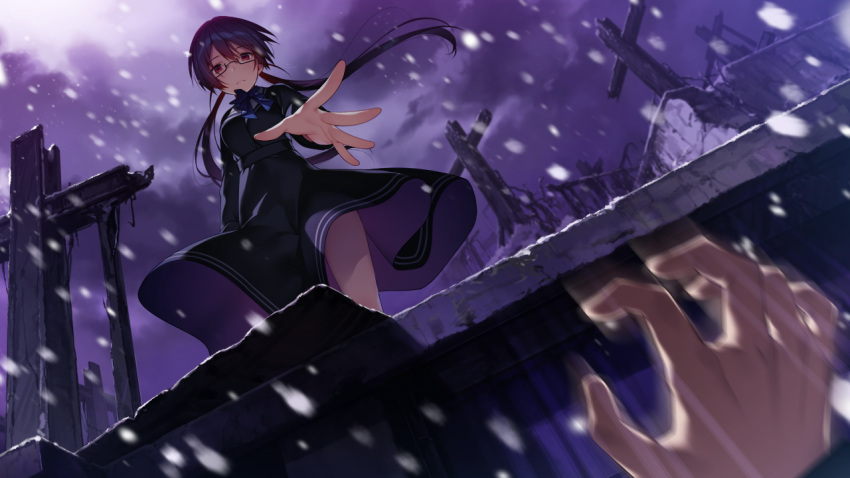 1girl black_hair black_shirt black_skirt blue_bow blue_bowtie bow bowtie butterfly_seeker closed_mouth clouds cloudy_sky floating_hair from_below game_cg glasses hatori_piyoko himuro_chitose long_hair long_skirt long_sleeves looking_at_viewer looking_down low_twintails outstretched_hand pov rectangular_eyewear red_eyes shiny shiny_hair shirt skirt sky snowing solo_focus twintails very_long_hair