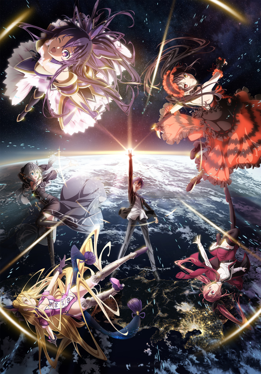 1boy 5girls above_clouds absurdres black_hair blonde_hair blue_eyes breasts city_lights clouds cloudy_sky date_a_live double_bun dress earth_(planet) eyebrows_visible_through_hair floating_hair grey_hair hair_between_eyes heterochromia highres honjou_nia hoshimiya_mukuro itsuka_kotori itsuka_shidou key_visual large_breasts long_hair long_sleeves looking_at_another looking_at_viewer medium_breasts multiple_girls official_art one_eye_closed open_mouth planet promotional_art purple_hair red_eyes redhead school_uniform short_hair shoulder_blades sky sleeveless sleeveless_dress small_breasts smile space star_(sky) starry_sky sunrise tokisaki_kurumi twintails very_long_hair violet_eyes yatogami_tooka yellow_eyes