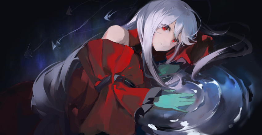 1girl 233baso4 absurdres aqua_gloves arknights dark_background detached_sleeves dress fish gloves grey_hair highres long_hair looking_at_viewer lying official_alternate_costume on_side red_dress red_eyes red_sleeves skadi_(arknights) skadi_the_corrupting_heart_(arknights) sketch smile solo split_mouth very_long_hair water