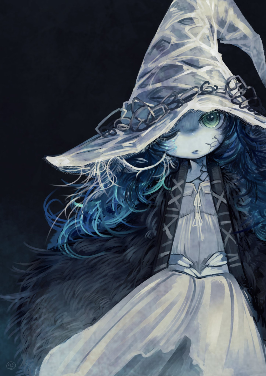 1girl blue_hair blue_skin colored_skin crack cracked_skin dress elden_ring extra_arms extra_faces fur_coat green_eyes hat highres long_hair looking_at_viewer one_eye_closed ranni_the_witch ruu_bot wavy_hair white_dress witch_hat