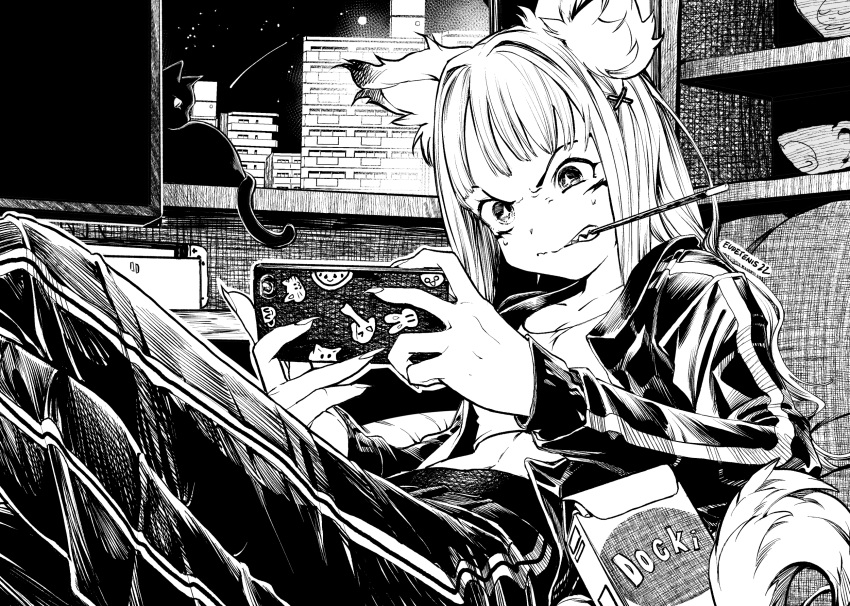 1girl 2022 angry animal_ears bangs cat cellphone clenched_teeth eudetenis fingernails food greyscale hair_ornament highres holding holding_phone indoors jacket long_fingernails long_hair long_sleeves monochrome mouth_hold night nintendo_switch open_clothes open_jacket original pants phone pocky sharp_teeth shelf signature smartphone star_(sky) sweat tail teeth track_jacket window x_hair_ornament