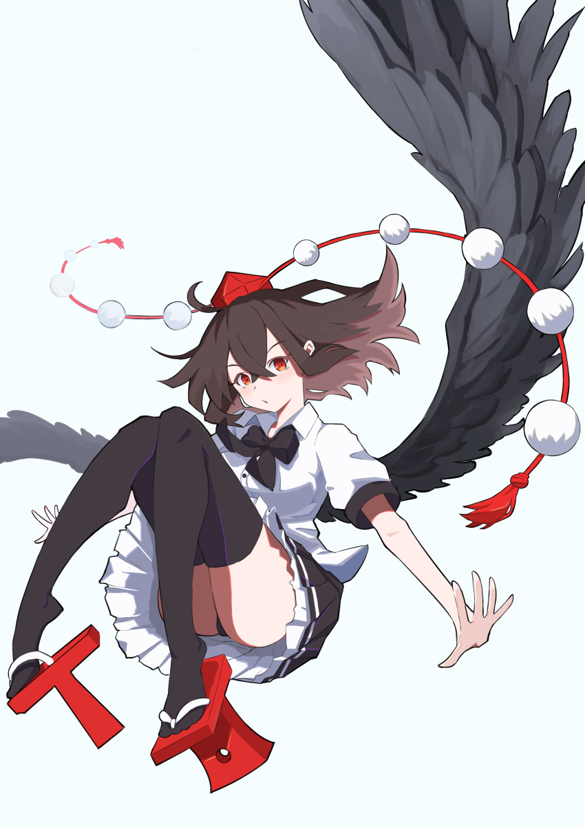 1girl :/ absurdres ass bangs black_bow black_bowtie black_legwear black_skirt black_wings blush bow bowtie brown_hair buttons closed_mouth collared_shirt eyelashes feathered_wings frilled_skirt frills geta hair_between_eyes hat highres looking_at_viewer pointy_ears pom_pom_(clothes) puffy_short_sleeves puffy_sleeves red_eyes red_headwear ribbon-trimmed_skirt ribbon_trim shameimaru_aya shirt short_hair short_sleeves simple_background skirt solo tengu-geta thigh-highs thighs tokin_hat touhou white_background white_shirt wing_collar wings yuuka_(a0240765)