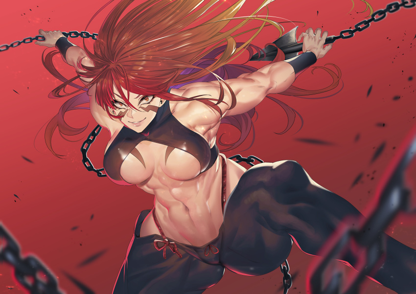 1girl abs bare_shoulders breast_tattoo breasts breasts_apart chain facial_tattoo feet_out_of_frame fuuma_kotarou_(tenkaichi) highres large_breasts long_hair muscular muscular_female navel orange_eyes outstretched_arms parted_lips red_background red_eyes redhead revealing_clothes simple_background sleeveless smile solo spread_arms stomach tattoo teddy_(khanshin) teeth tenkaichi_nihon_saikyou_bugeisha_ketteisen weapon