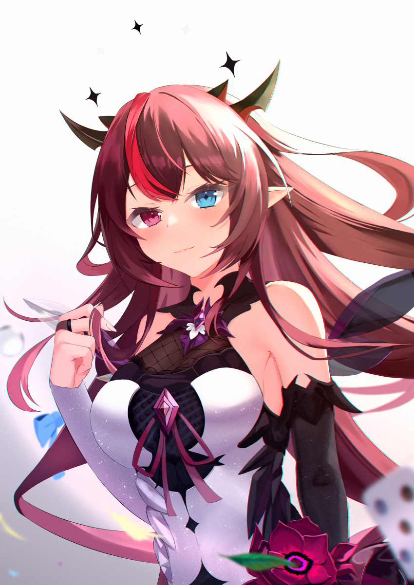 1girl absurdres bare_shoulders blue_eyes bridal_gauntlets brown_hair closed_mouth dress floating_hair heterochromia highres hololive hololive_english horns irys_(hololive) jiang_ye_kiri long_hair multicolored_hair pointy_ears redhead sleeveless sleeveless_dress solo streaked_hair upper_body violet_eyes virtual_youtuber white_dress