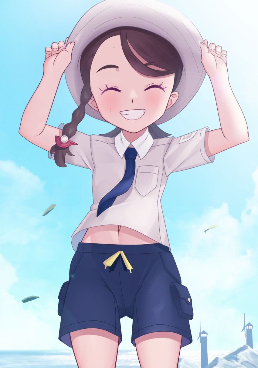 1girl blush braid brown_hair closed_eyes clouds commentary_request cowboy cowboy_western day eyelashes female_protagonist_(pokemon_sv) gazing_eye grin hair_ornament hands_up highres leaves_in_wind long_hair navel outdoors pokemon pokemon_(game) pokemon_sv single_braid sky smile solo sweatdrop teeth wind_turbine