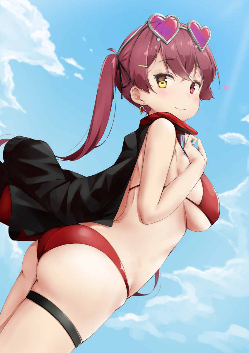 1girl absurdres arched_back ass bikini blue_sky blush breasts closed_mouth clouds earrings eyewear_on_head from_side hair_ornament hairclip heart heart-shaped_eyewear heart_earrings heterochromia highres hololive houshou_marine jacket jacket_on_shoulders jewelry komasi large_breasts long_hair looking_at_viewer looking_to_the_side pink-tinted_eyewear red_bikini red_eyes redhead sideboob sky smile solo strap_gap swimsuit thigh_strap tinted_eyewear twintails yellow_eyes