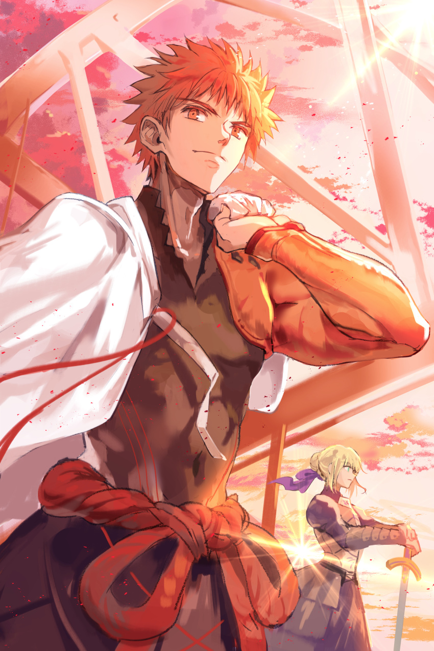 1boy 1girl absurdres armor artoria_pendragon_(fate) bangs blonde_hair cape emiya_shirou fate/grand_order fate_(series) highres holding holding_sword holding_weapon igote japanese_clothes long_hair male_focus mj_(cuzbien) orange_hair redhead saber senji_muramasa_(fate) short_hair sword weapon yellow_eyes