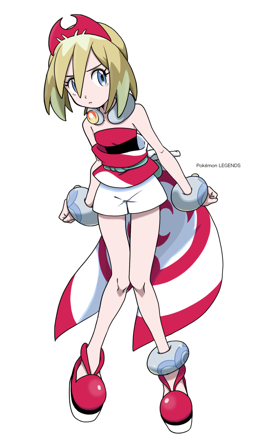 1girl 6u6y_iii absurdres anklet bangs blonde_hair blue_eyes closed_mouth collar commentary_request copyright_name eyelashes flute full_body hair_between_eyes hairband highres instrument irida_(pokemon) jewelry knees knees_together_feet_apart looking_to_the_side medium_hair pokemon pokemon_(game) pokemon_legends:_arceus red_footwear red_hairband red_shirt sash shirt shoes short_shorts shorts simple_background solo strapless strapless_shirt waist_cape white_background white_shorts