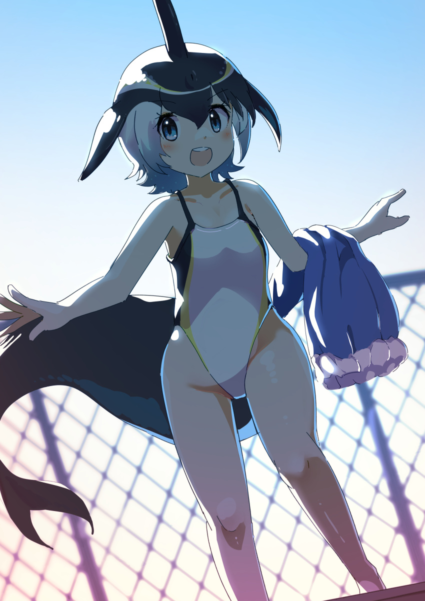 1girl absurdres backlighting bare_shoulders black_hair blonde_hair blowhole blue_eyes blue_hair blush cetacean_tail chain-link_fence common_dolphin_(kemono_friends) day dolphin_girl dorsal_fin dutch_angle feet_out_of_frame fence head_fins highleg highleg_swimsuit highres iwa_(iwafish) kemono_friends legs_apart medium_hair multicolored_hair one-piece_swimsuit open_mouth outdoors smile solo standing swimsuit tail white_hair