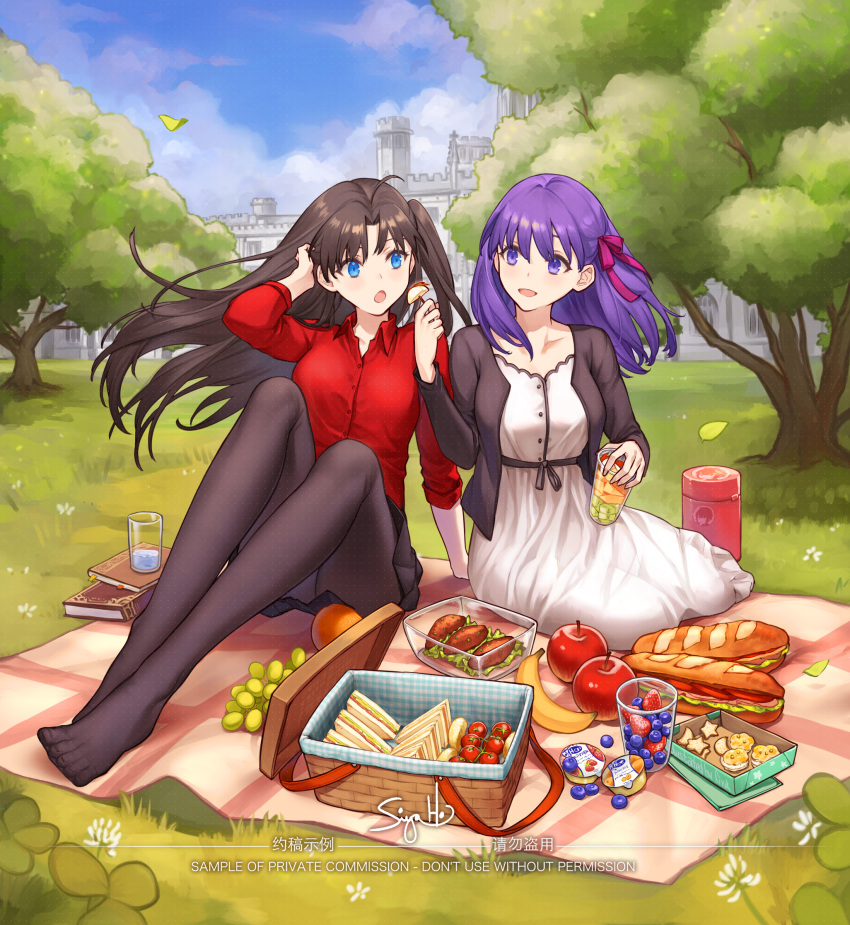 2girls :d :o ahoge apple apple_slice banana black_hair blue_eyes blue_sky book breasts building clouds commission cup dress drinking_glass fate/stay_night fate_(series) feeding floating_hair food fruit fruit_cup grapes grass hair_ribbon highres holding holding_food legs long_hair long_legs looking_at_another matou_sakura multiple_girls no_shoes open_mouth orange_(fruit) outdoors pantyhose picnic_basket purple_hair red_shirt ribbon sandwich shirt side_ponytail signature siya_ho sky smile toes tohsaka_rin tomato tree violet_eyes white_dress