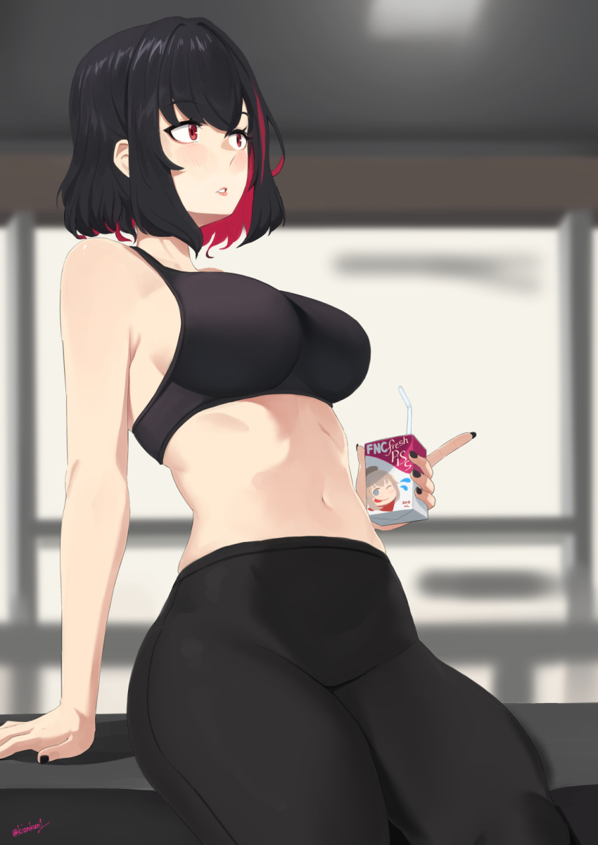 1girl bangs black_hair black_nails black_pants black_sports_bra blush box breasts eyebrows_visible_through_hair feet_out_of_frame girls_frontline highres holding holding_box juice_box kion-kun large_breasts leaning_back leggings lips looking_away multicolored_hair nail_polish navel open_mouth pants red_eyes ripper_(girls'_frontline) ripper_swap_(girls'_frontline) sangvis_ferri short_hair sideboob simple_background sitting sitting_on_object solo sports_bra sportswear twitter_username