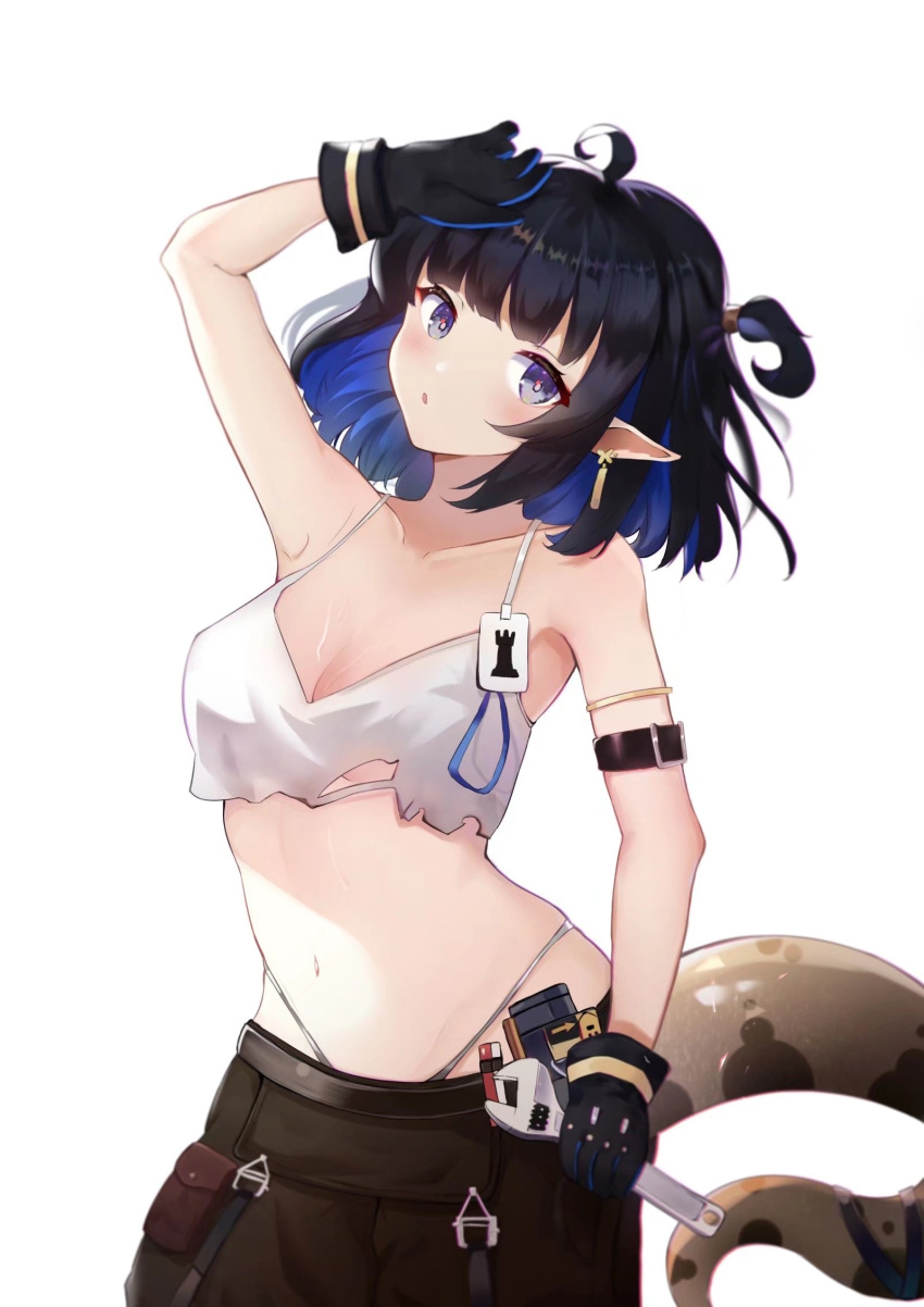 1girl :o ahoge arknights armlet armpits arms_up bangs black_gloves black_hair blue_hair blunt_bangs blush breasts brown_pants collarbone colored_inner_hair commentary_request cowboy_shot crop_top dokawa earrings eunectes_(arknights) eunectes_(forgemaster)_(arknights) eyebrows_behind_hair gloves highres holding holding_wrench jewelry long_hair multicolored_hair navel official_alternate_costume open_mouth pants parted_lips pointy_ears short_hair snake_tail solo stomach tail thong torn_clothes two-tone_hair under_boob violet_eyes wrench