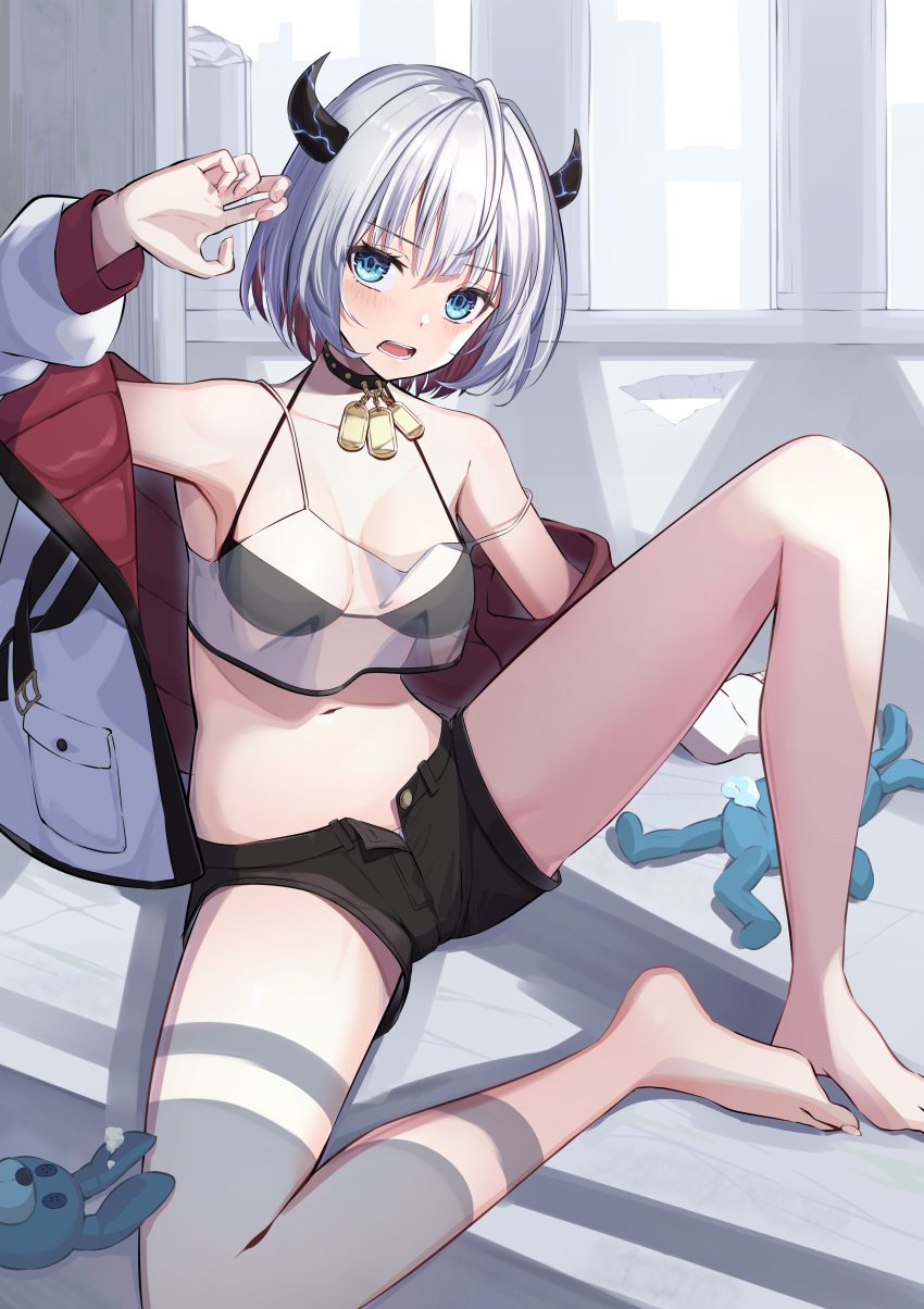 1girl absurdres appo_(36786257) arm_up armpits bare_shoulders bikini black_bikini black_choker black_shorts blue_eyes breasts choker crop_top crop_top_overhang dog_tags halterneck highres horns jacket long_sleeves looking_at_viewer medium_breasts midriff navel off_shoulder open_clothes open_fly open_jacket open_mouth original panties panty_peek revealing_clothes see-through shirt short_hair short_shorts shorts sitting sleeveless sleeveless_shirt solo spaghetti_strap stomach strap_slip string_bikini swimsuit thighs underwear white_hair white_jacket white_shirt
