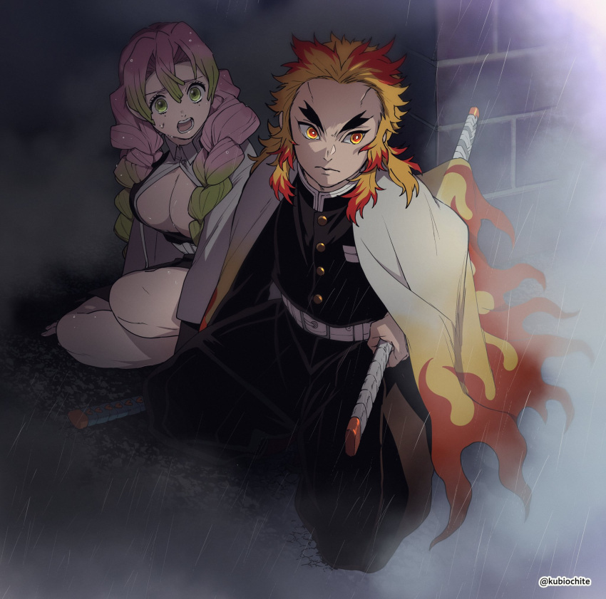 1boy 1girl belt blonde_hair braid breasts brick_wall cape colored_tips corner dalc_rose flame_print focused forked_eyebrows frown full_body green_eyes green_hair hair_over_shoulder hiding highres holding holding_sword holding_weapon kanroji_mitsuri kimetsu_no_yaiba large_breasts long_hair looking_afar looking_at_another looking_away looking_to_the_side mole multicolored_hair one_knee open_mouth pants pink_hair print_cape rain red_eyes redhead rengoku_kyoujurou side-by-side streaked_hair sword twin_braids weapon wet wet_hair white_cape worried