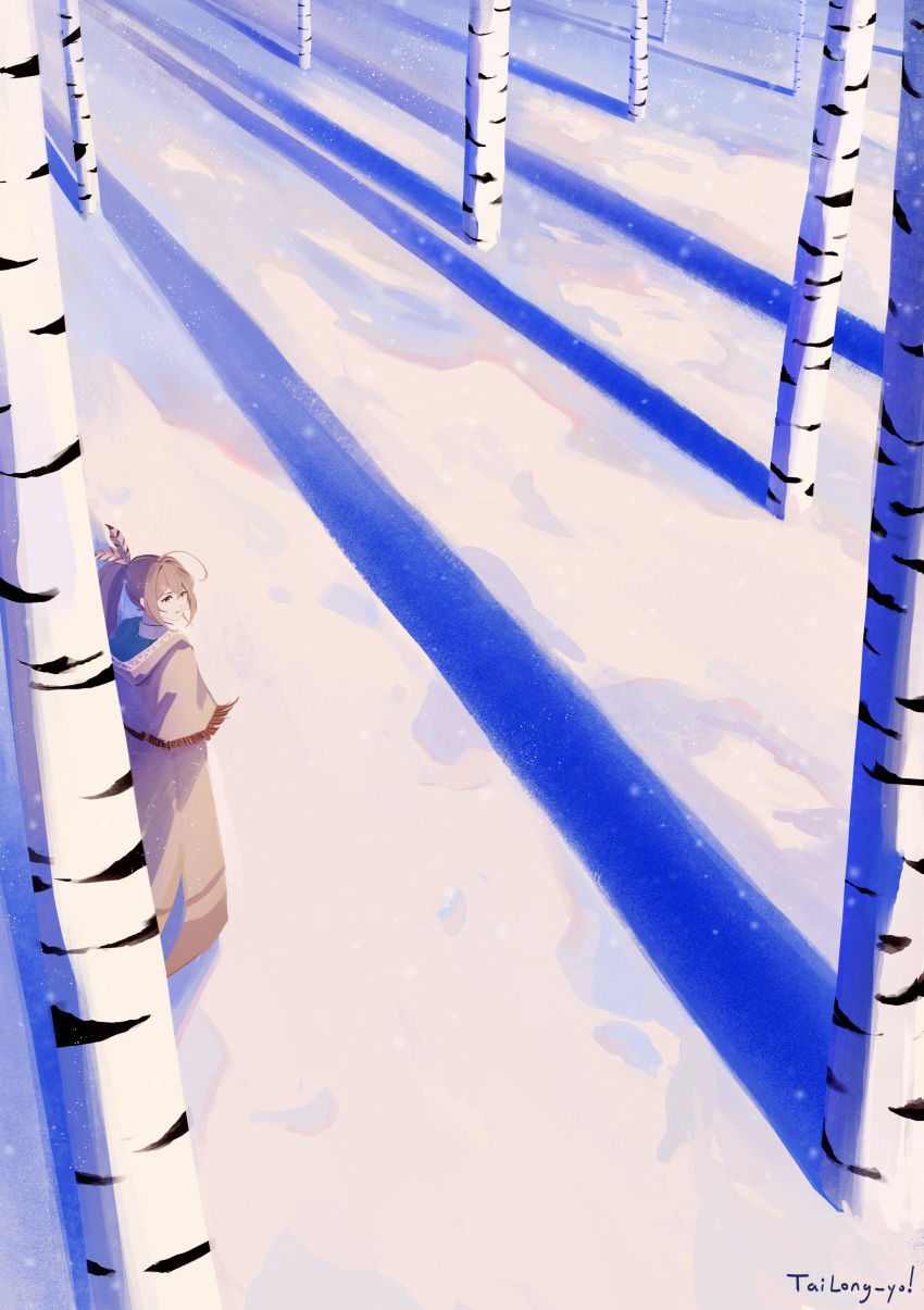 1girl absurdres ahoge bangs brown_cape brown_capelet brown_cloak brown_eyes brown_hair cape capelet cloak feather_hair_ornament feathers hair_ornament highres hololive hololive_english landscape looking_afar nanashi_mumei ponytail scenery snow snowing solo tailong_yo tree virtual_youtuber