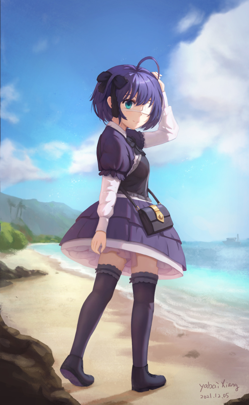1girl absurdres arm_up artist_name bangs beach black_bag black_bow black_bowtie black_footwear black_legwear bow bowtie breasts chuunibyou_demo_koi_ga_shitai! commentary_request dated day dress eyepatch from_side hair_bow highres long_sleeves looking_back medical_eyepatch medium_breasts official_alternate_costume one_side_up outdoors puffy_short_sleeves puffy_sleeves shiny shiny_hair shirt shoes short_sleeves smile solo takanashi_rikka thigh-highs white_shirt yabai_sho