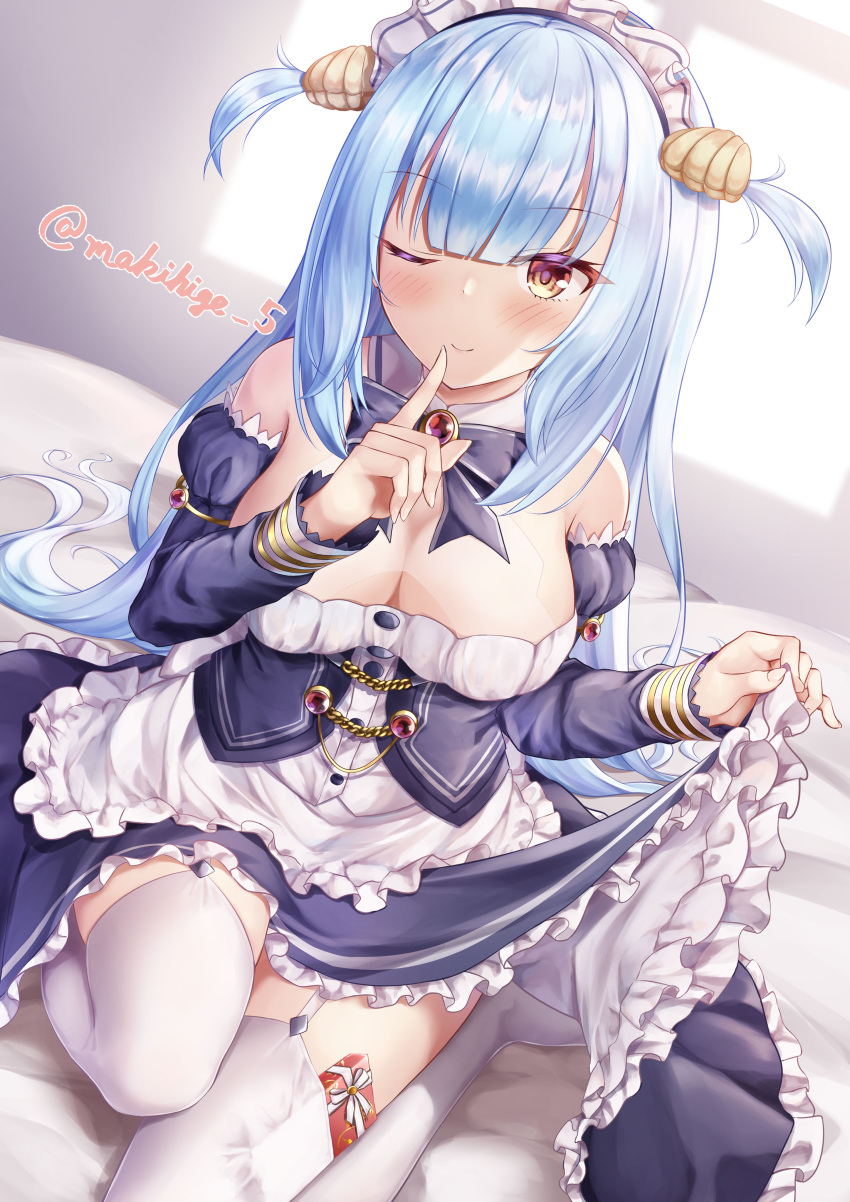 1girl absurdres apron artist_name azur_lane bare_shoulders blue_hair breasts clam_shell detached_collar detached_sleeves dress eyebrows_visible_through_hair fake_antlers finger_to_mouth frilled_apron frilled_dress frilled_hairband frills hairband highres indoors juliet_sleeves layered_dress long_hair long_sleeves looking_at_viewer maid_headdress makihige medium_breasts neptune_(azur_lane) one_eye_closed puffy_sleeves purple_dress shell_hair_ornament solo thigh-highs very_long_hair white_apron white_garter_straps white_legwear
