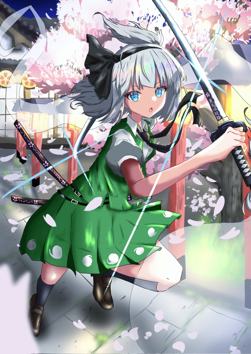 1girl bangs black_footwear black_hairband blue_eyes cherry_blossoms collared_shirt eyebrows_visible_through_hair full_body ghost green_skirt green_vest grey_hair hairband highres holding holding_sword holding_weapon katana konpaku_youmu konpaku_youmu_(ghost) lamppost lobstrater64 looking_at_viewer mixed-language_commentary multiple_swords open_mouth outdoors puffy_short_sleeves puffy_sleeves sheath shirt short_hair short_sleeves skirt solo squatting sword touhou vest weapon white_shirt