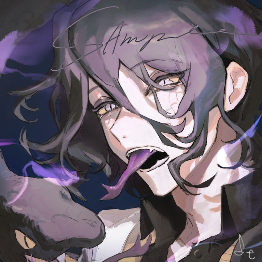 1boy bangs black_hair black_shirt collared_shirt colored_tongue commentary_request fangs forked_tongue male_focus open_mouth original orniflop portrait purple_tongue sample_watermark shirt short_hair slit_pupils smoke snake solo tongue tongue_out violet_eyes watermark