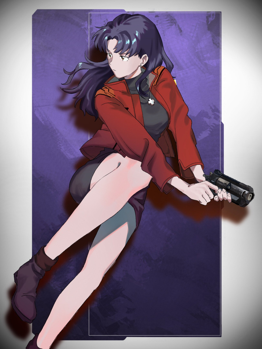 1girl bangs black_sweater breasts brown_eyes brown_footwear cropped_jacket cross cross_necklace earrings expressionless finger_on_trigger gun handgun highres holding holding_gun holding_weapon jacket jewelry katsuragi_misato leg_up long_hair long_sleeves meccha_kubiitee necklace neon_genesis_evangelion purple_hair red_jacket revolver simple_background skirt solo stud_earrings sweater turtleneck turtleneck_sweater weapon