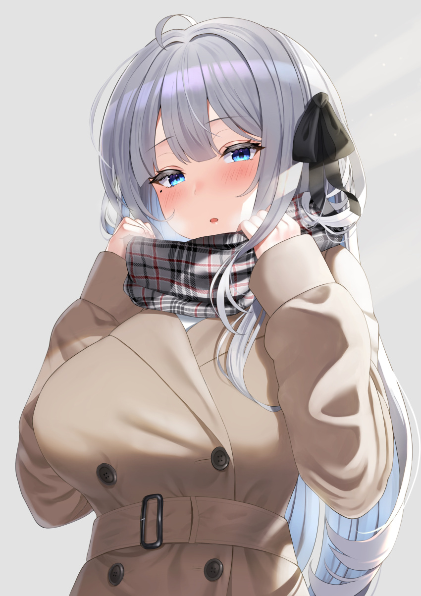 1girl :o absurdres bangs blue_eyes blush breasts brown_coat checkered_clothes checkered_scarf coat eyebrows_visible_through_hair futon_fly_away hair_ribbon highres long_hair looking_at_viewer mole mole_under_eye open_mouth original ribbon scarf silver_hair simple_background solo upper_body