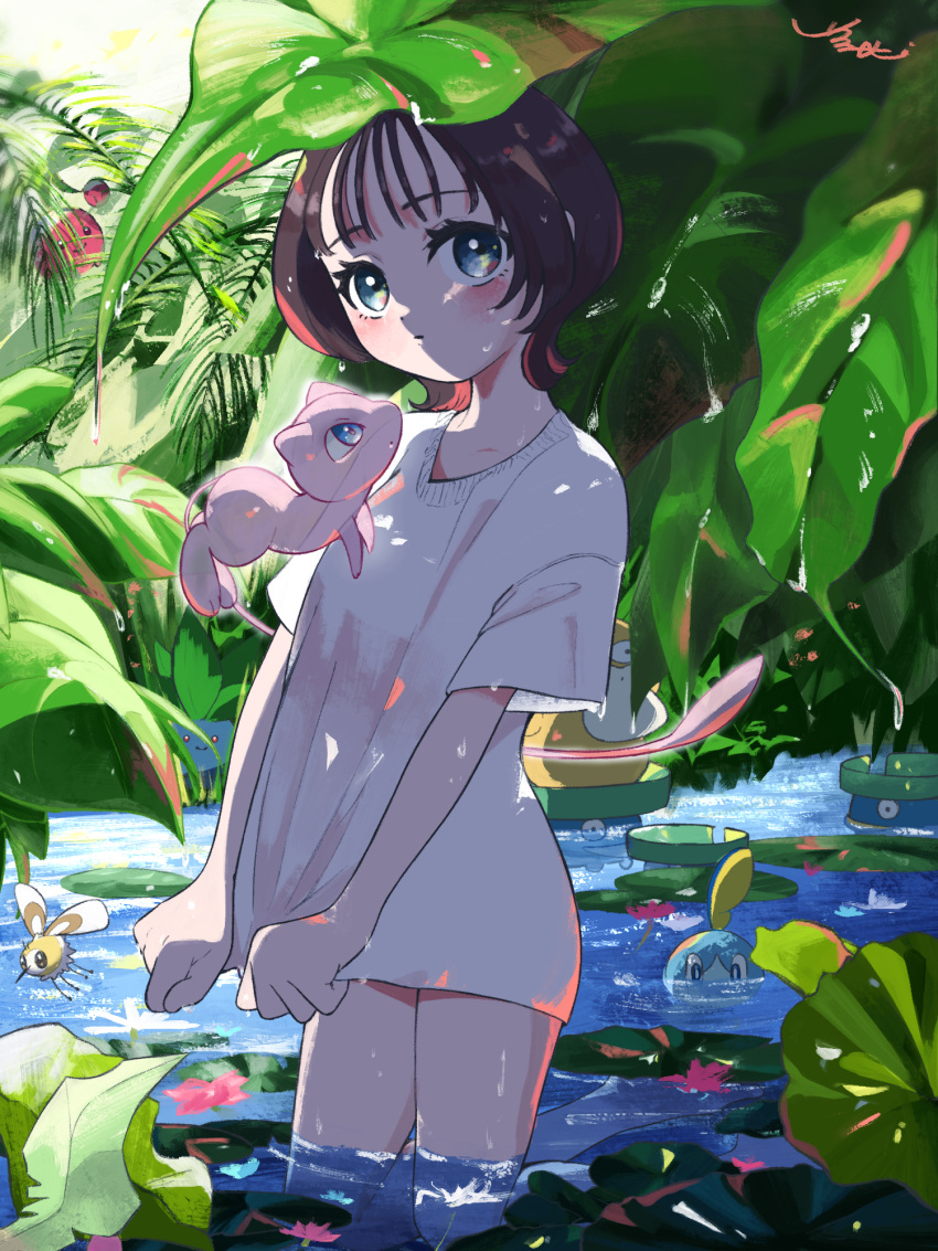 1girl bangs blue_eyes blush brown_hair cherubi closed_mouth cutiefly day eyelashes highres leaf lotad mew oddish outdoors pokemon pokemon_(creature) psyduck riding riding_pokemon shirt short_hair short_sleeves signature sobble standing surumeika_(ninfiiiir) symbol-only_commentary wading water wet wet_clothes wet_shirt white_shirt