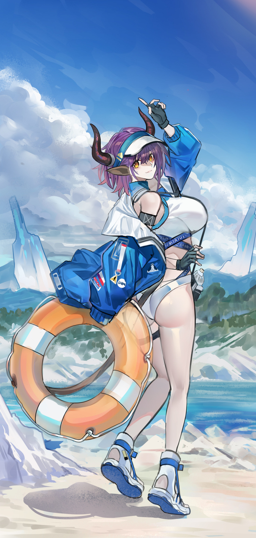 1girl absurdres animal_ears arknights arm_up armlet ass bangs bare_legs bare_shoulders bikini black_gloves blue_jacket blush bottle breasts closed_mouth cow_ears cow_girl cow_horns cow_tail echj eyebrows_visible_through_hair fingerless_gloves from_behind full_body gloves highres horns huge_breasts jacket lifebuoy long_sleeves looking_at_viewer looking_back mountainous_horizon off_shoulder official_alternate_costume open_clothes open_jacket ponytail purple_hair sandals short_ponytail sideroca_(arknights) sideroca_(light_breeze)_(arknights) smile solo standing stream swimsuit tail thigh_strap visor_cap water white_bikini white_footwear white_headwear yellow_eyes