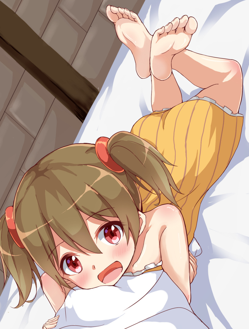 1girl bare_shoulders barefoot bed blush brown_hair eyebrows_visible_through_hair highres iberiko_(soinesitai) looking_at_viewer lying object_hug open_mouth red_eyes short_hair silica smile soles solo sword_art_online twintails