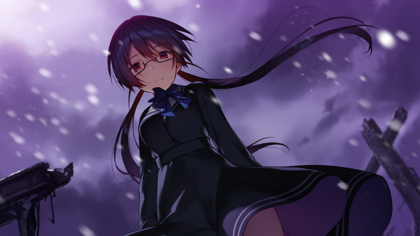 1girl bangs black_hair black_shirt black_skirt blue_bow blue_bowtie bow bowtie butterfly_seeker closed_mouth clouds cloudy_sky dutch_angle floating_hair from_below frown game_cg glasses hair_between_eyes hatori_piyoko himuro_chitose long_hair long_skirt long_sleeves looking_at_viewer looking_down low_twintails rectangular_eyewear red_eyes shiny shiny_hair shirt skirt sky snowing solo standing twintails very_long_hair