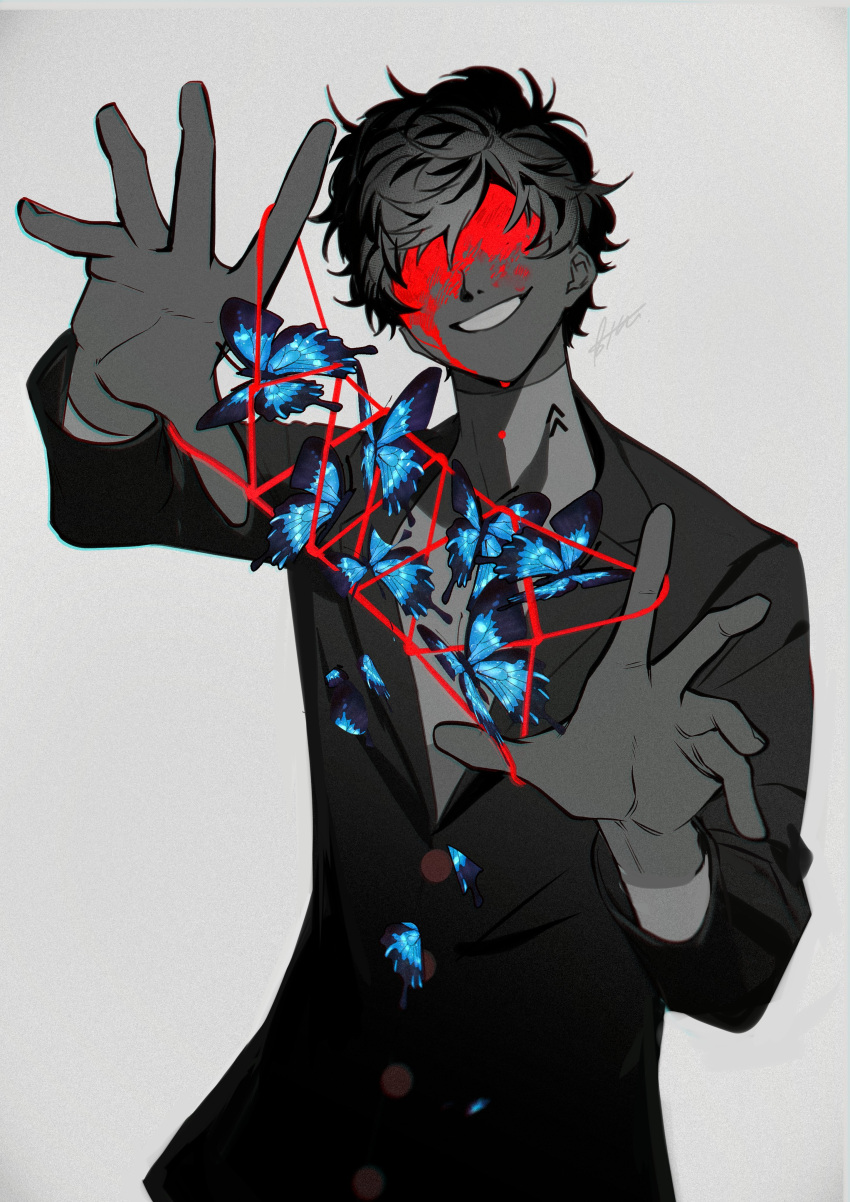 1boy absurdres amamiya_ren black_jacket blood blood_on_face blue_butterfly btmr_game bug butterfly cat's_cradle grey_background hair_between_eyes highres jacket limited_palette long_sleeves looking_at_viewer male_focus persona persona_5 school_uniform shirt shuujin_academy_uniform signature simple_background solo upper_body
